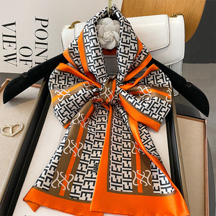 长条丝巾女春夏薄款2023搭配衬衫西装橙色，高端脖子护颈小领巾
