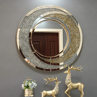 客厅轻奢时尚圆形艺术，装饰镜子壁挂创意展厅样板，背景墙面镶钻拼镜