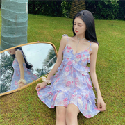  夏季甜美碎花吊带高腰连衣裙日系少女仙女沙滩短裙2060