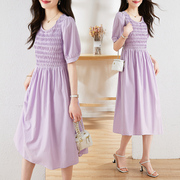 玲玖紫色v领短袖连衣裙，夏季法式气质淑女，甜美温柔风显瘦长裙