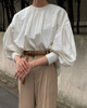 松本惠奈设计师款小圆领灯笼，袖抽褶白色纯棉衬衫衬衣女11122-4232