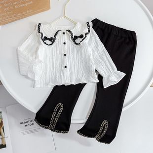 女童衬衫洋气白色春秋女宝宝娃娃领打底衫长袖套装时髦黑色长裤