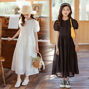 女童白色连衣裙夏装2024韩版童装，儿童泡泡短袖公主，裙子中大童长裙