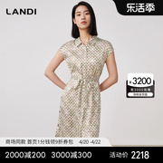 商场同款LANDI真丝翻领包袖印花真丝连衣裙女2023夏季