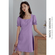 弥古法式方领紫色连衣裙小个子泡泡袖雪纺短裙女夏海边度假沙滩裙