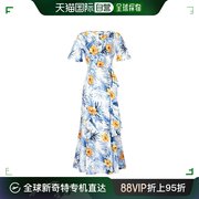 韩国直邮graceu连衣裙女款围裹感花朵图案短袖，v领系带长裙蓝色