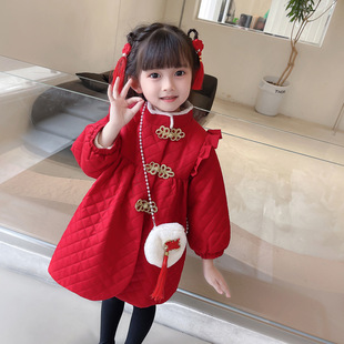 巴拉巴柆加厚加绒大红色年服外套，2023儿童女宝，冬季喜庆拜年服