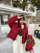 欧洲站圣诞红白鸭绒立领，牛角扣羽绒服，女2023冬季韩版短款外套