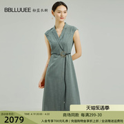bblluuee粉蓝衣橱干练连衣裙女2024夏织锦(夏织锦)绿v领系带收腰盖袖长裙