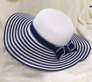 海军风蓝白条纹大檐帽户外防晒遮阳帽韩版沙滩帽子百搭太阳帽旅游