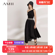 amii2024夏季a字半身裙，女优雅黑色，长裙绣花橡筋腰雪纺裙子