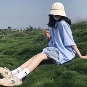 韩版短袖b格子衬衫女2021夏季宽松小众中长款日系休闲衬衣学生上