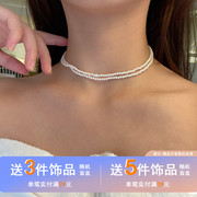 法式复古气质双层珍珠项链，简约小众镶钻锁骨，链个性短款颈链女3204