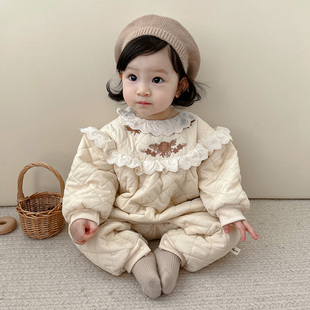 韩版宝宝连体衣冬装婴儿棉袄，加绒爬服百天周岁，棉衣外套公主包屁衣