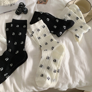女款夏季薄袜秋季白色女纯棉中筒袜子黑色字母运动学生潮堆堆袜