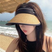 黑胶大沿空顶草帽女夏季日本遮阳防晒帽防紫外线可折叠发箍太阳帽