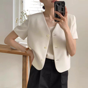 韩国chic夏季法式高级感v领单排扣宽松休闲纯色短袖西装外套女