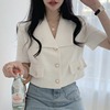 韩国chic夏季洋气时尚极简珍珠三粒扣翻领，短袖短款西装外套上衣女