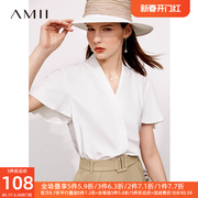 amii气质小衫v领雪纺衫，2023年荷叶边时尚白色衬衫女短袖上衣