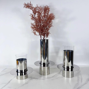 现代简约几何层叠玻璃花器花瓶摆件轻奢样板房售楼处玄关金属饰品