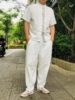 泰国男装棉麻t恤夏套装，立领白色宽松大码短袖体恤民族风复古上衣