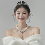 韩式婚纱王冠婚礼珍珠新娘头饰三件套高级感发箍2023仙美