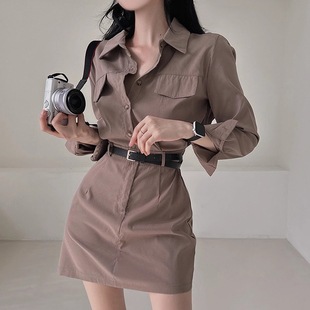 韩国chic秋季法式复古翻领，小排扣高腰显瘦长袖工装连衣裙女配腰带