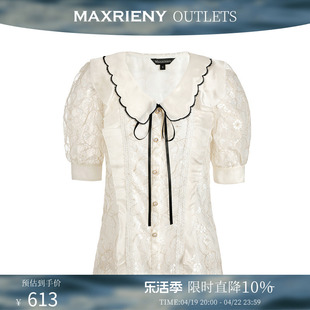 奥莱maxrieny翻领雪纺，上衣女蝴蝶结短袖，蕾丝开衫