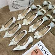 婚鞋女2023白色高跟单鞋珍珠，蝴蝶结法式气质，设计感小众伴娘鞋