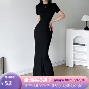 ROCKMORE清冷感气质优雅修身鱼尾拖地长裙显瘦黑色打底连衣裙