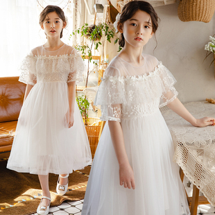 女童白色连衣裙夏季2024洋气礼服网纱短袖裙子儿童蕾丝公主裙