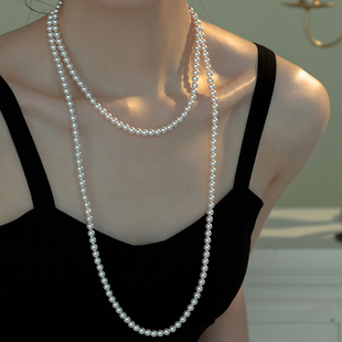 多种戴法长款珍珠项链正圆，强光施家珍珠毛衣，链多层轻奢高级感法式