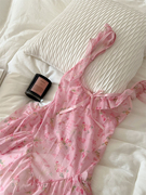 法式粉色碎花蕾丝复古网纱蝴蝶结可爱少女夏季吊带睡裙