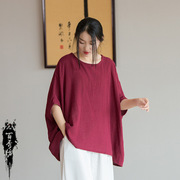 22夏季棉麻女装设计感竹节麻轻薄文艺宽松蝙蝠袖女式防晒T恤