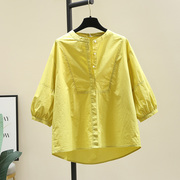黄色圆领灯笼袖衬衫，女2024夏季文艺，范小清新短袖衬衣减龄上衣