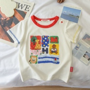 夏季外贸miki童趣日式卡通，男女宝圆领短袖海军，小熊薄棉t恤衫