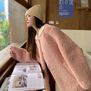 23韩版学院风圆领插肩袖长款羊羔，毛皮毛(毛皮毛)一体仿皮草大衣中长款女装
