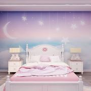 北欧儿童房壁纸女孩房卧室，定制壁画卡通紫色，梦幻星空云朵墙布墙纸