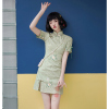 绿色旗袍2024年夏季年轻款，少女改良新中式山茶花连衣裙小个子