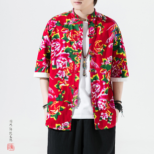 中国风网红衣服潮男东北大花盘扣，唐装夏季短袖，上衣胖子大码花衬衫