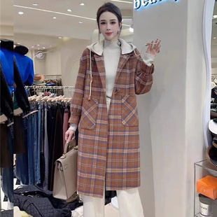 格子双面羊绒大衣女长款2023年韩版牛角扣针织，连帽羊毛呢外套