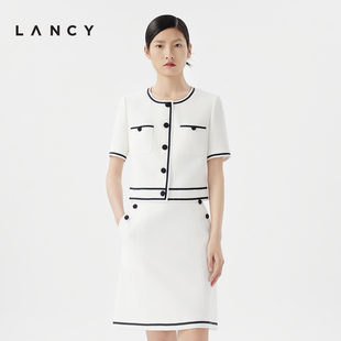 lancy朗姿2024夏季白色撞色小香风短外套，法式优雅圆领外搭上衣女