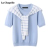 拉夏贝尔lachapelle夏条纹(夏条纹，)披肩针织衫短袖，t恤两件套套装女上衣