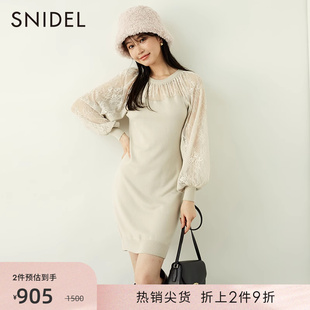 snidel秋冬气质淑女，灯笼袖圆领修身蕾丝，拼接针织连衣裙swno235023