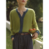 法式复古绿色针织衫女秋季撞色镂空软糯长袖，开衫很仙的马海毛毛衣