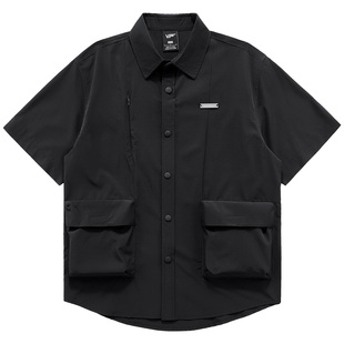 黑色短袖衬衫男夏季薄款冰丝垂感衬衣，机能多口袋高级感上衣潮
