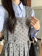 韩系学院风波点连衣裙套装女春秋小个子蓝色衬衫背带裙两件套