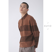 kuyiou设计师款毛圈撞色横，条纹拼接衬衫领针织，套衫落肩袖卫衣男