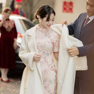 2024秋冬新娘婚礼毛呢大衣宴会日常全羊毛外套高端白色中长款