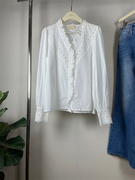 莼元SE24春法式复古宫廷风蕾丝刺绣V领白衬衫女白色小宽松气质